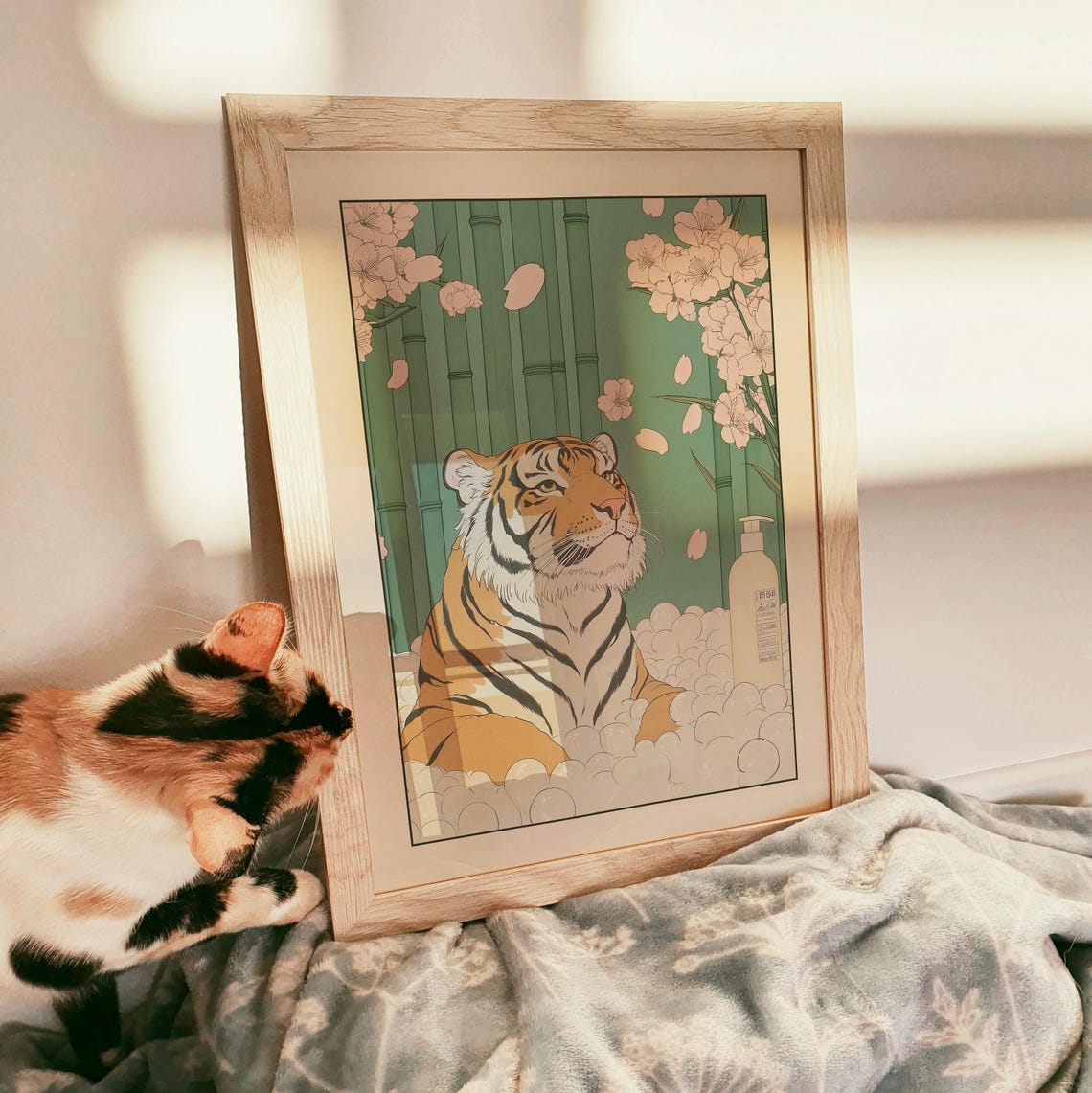 Majestic Tiger Soaking in Bubble Bath With Bamboo and Sakura Poster - Image 3