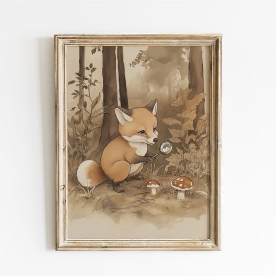 Fox Exploring Forest Print Nursery Decor Animal Art Gender Neutral Playroom Kids Room Baby