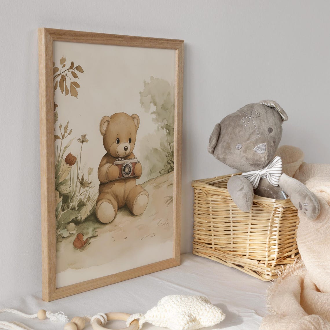 Teddy Bear Sitting With Red Vintage Camera in Wildflower Field Poster - Image 3