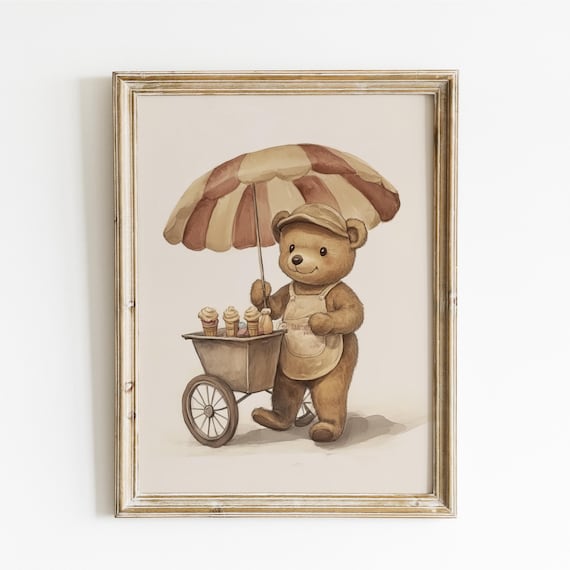 Teddy Bear Ice Cream Cart Under Striped Umbrella Funny Poster