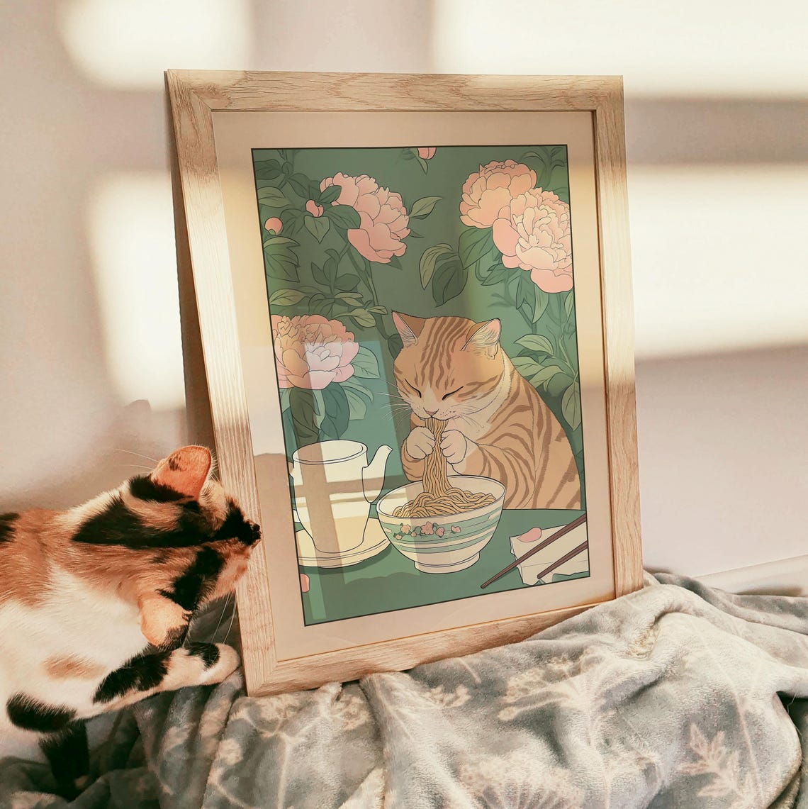 Tabby Cat Slurping Noodles from a Bowl in Japanese Kitchen Poster - Image 3