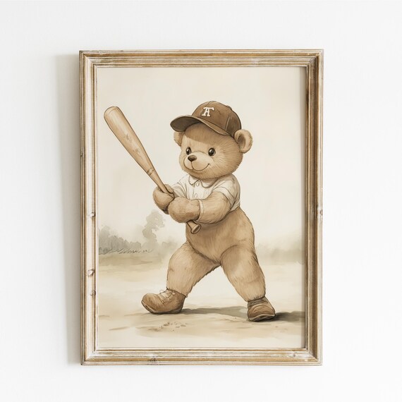 Cute Teddy Bear Baseball Player in H Cap Taking Big Swing Poster