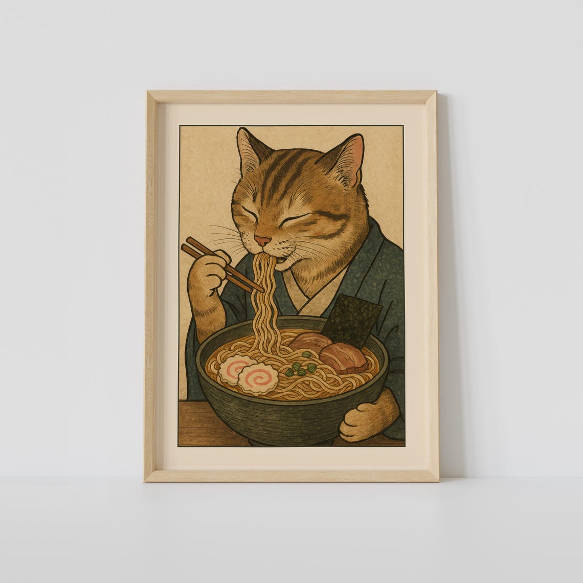 Samurai Cat Warrior In Kimono Eating Ramen Bowl Japanese Art Poster