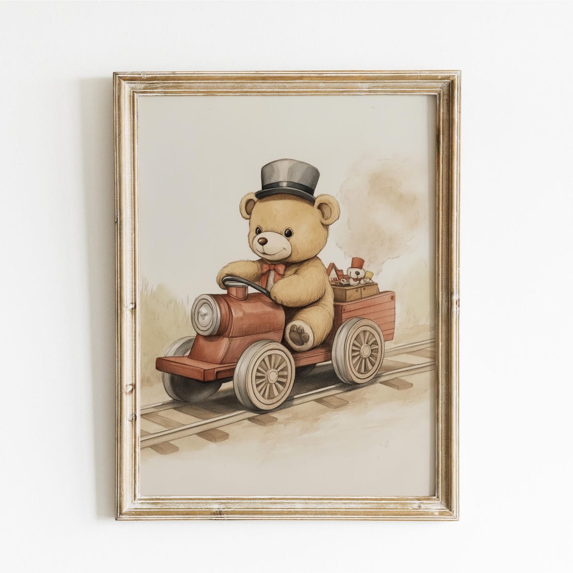 Teddy Bear Train Conductor in Top Hat Driving Red Toy Engine Poster
