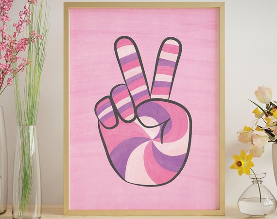 Retro Art Print Y2k Poster Print Peace Hand Sign Minimalist Print Wall Art Pink Preppy Dorm Decor Inspirational Poster