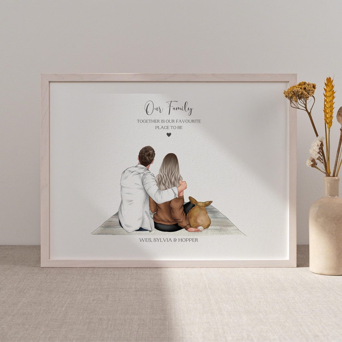Personalised Our Family Couple With Rabbit Illustration Poster