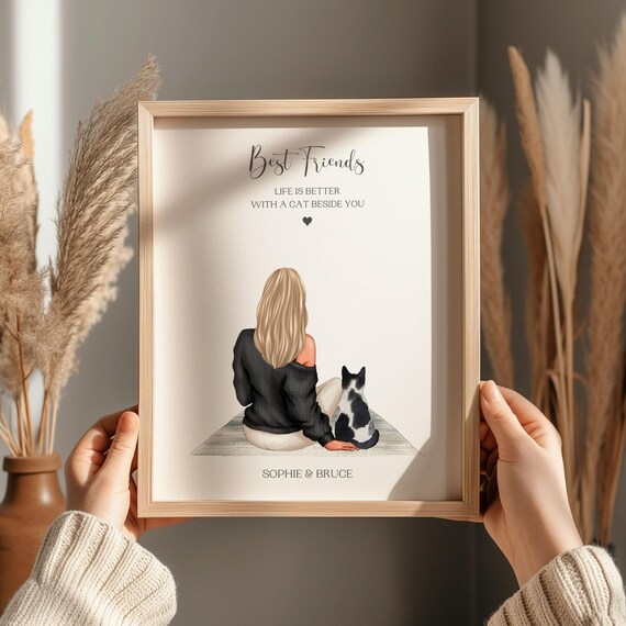 Personalised Best Friends Woman And Her Cat Watercolour Poster