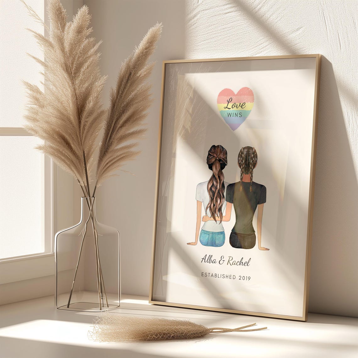 Personalised Love Wins Rainbow Heart Couple Illustration Framed Print