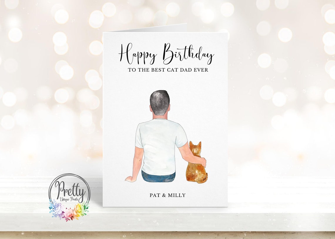 Personalised Happy Birthday Best Cat Dad Ever Card Print With Cat