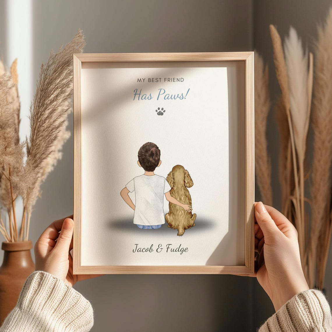 Personalised Boy And Spaniel My Best Friend Has Paws Art Print