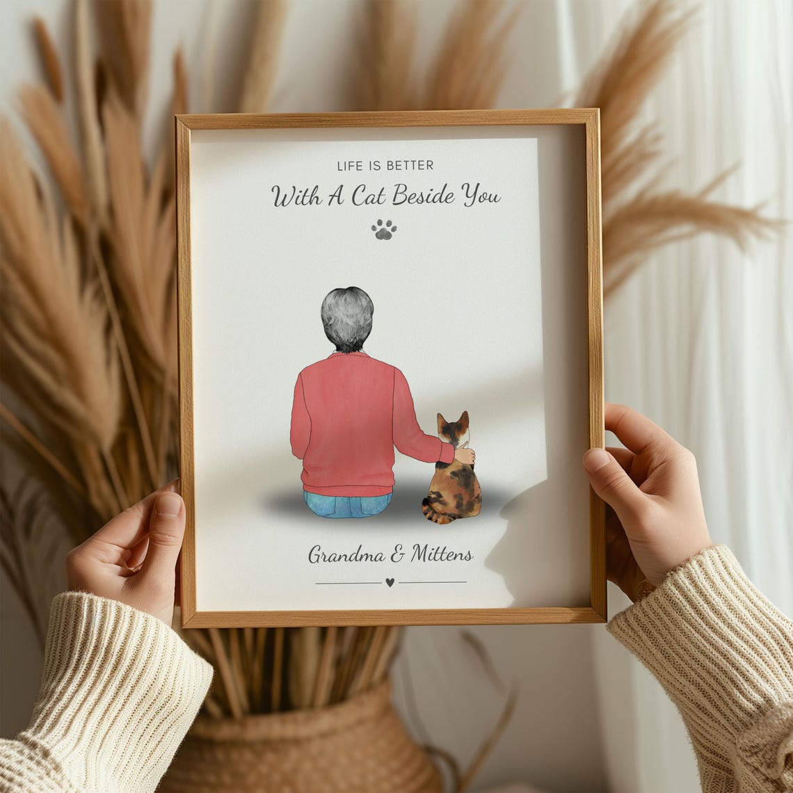 Personalised Grandma and Cat Portrait Print Life Is Better With A Cat