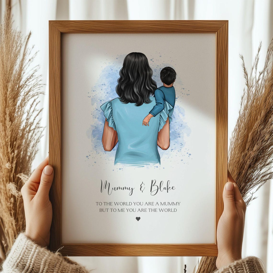 Mummy And Boy Blue Watercolour Carrying Son Quote Personalised Poster