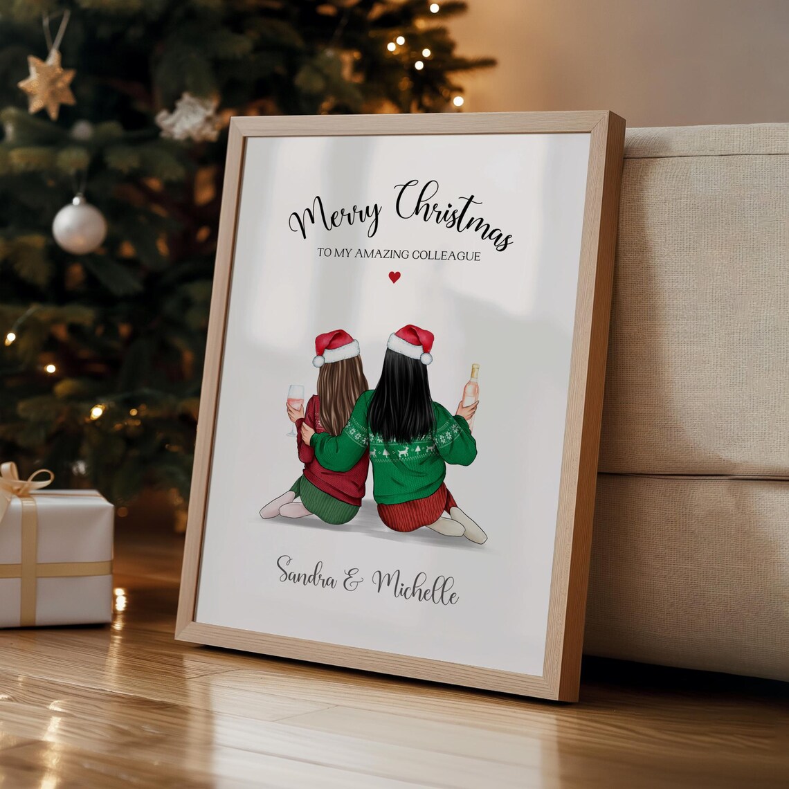 Merry Christmas Amazing Colleague Two Women Jumpers Wine Cheers Poster