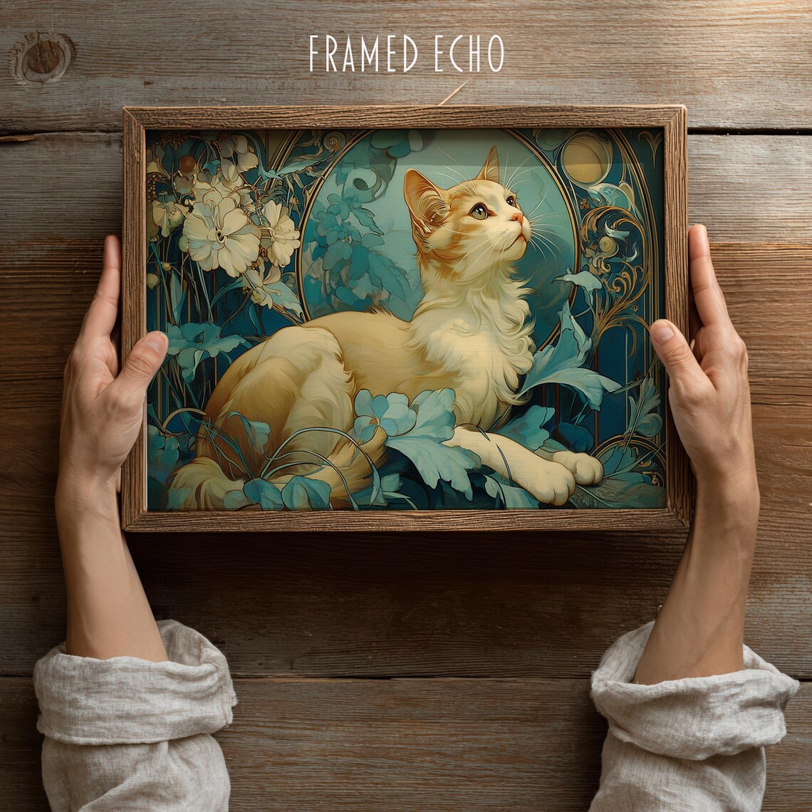 Art Nouveau Cream Cat Ornate Floral Vintage Style Feline Poster