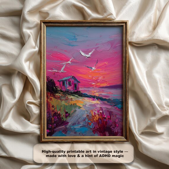 Coastal Cottage at Sunset Impasto Oil Painting Colorful Print