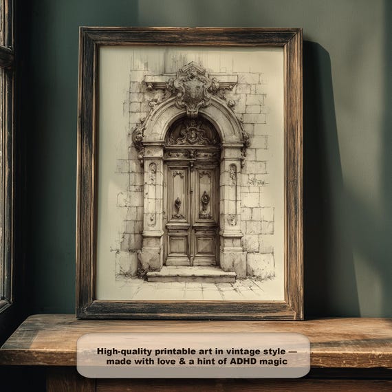 Baroque Doorway Ink Drawing Vintage Architectural Sketch