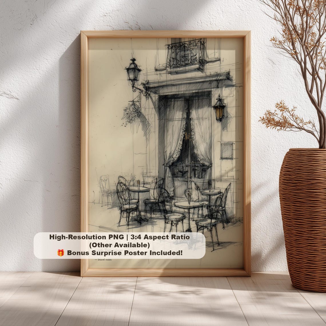 Paris Cafe Terrace Ink Sketch French Bistro Travel Art Poster