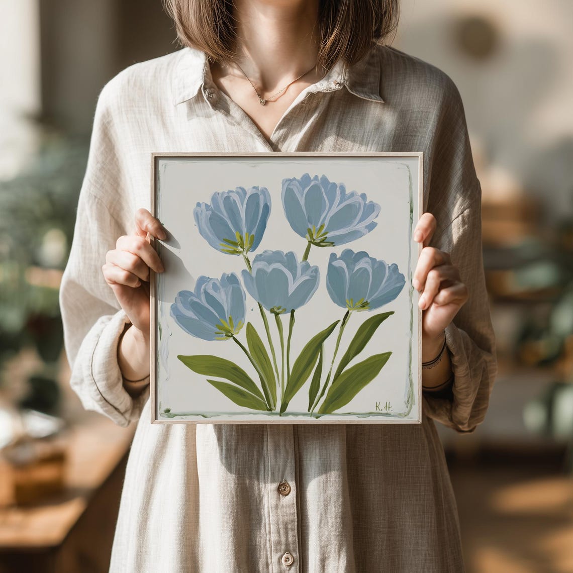Blue Tulip Watercolor Flower Botanical Painting Coquette Wall Art