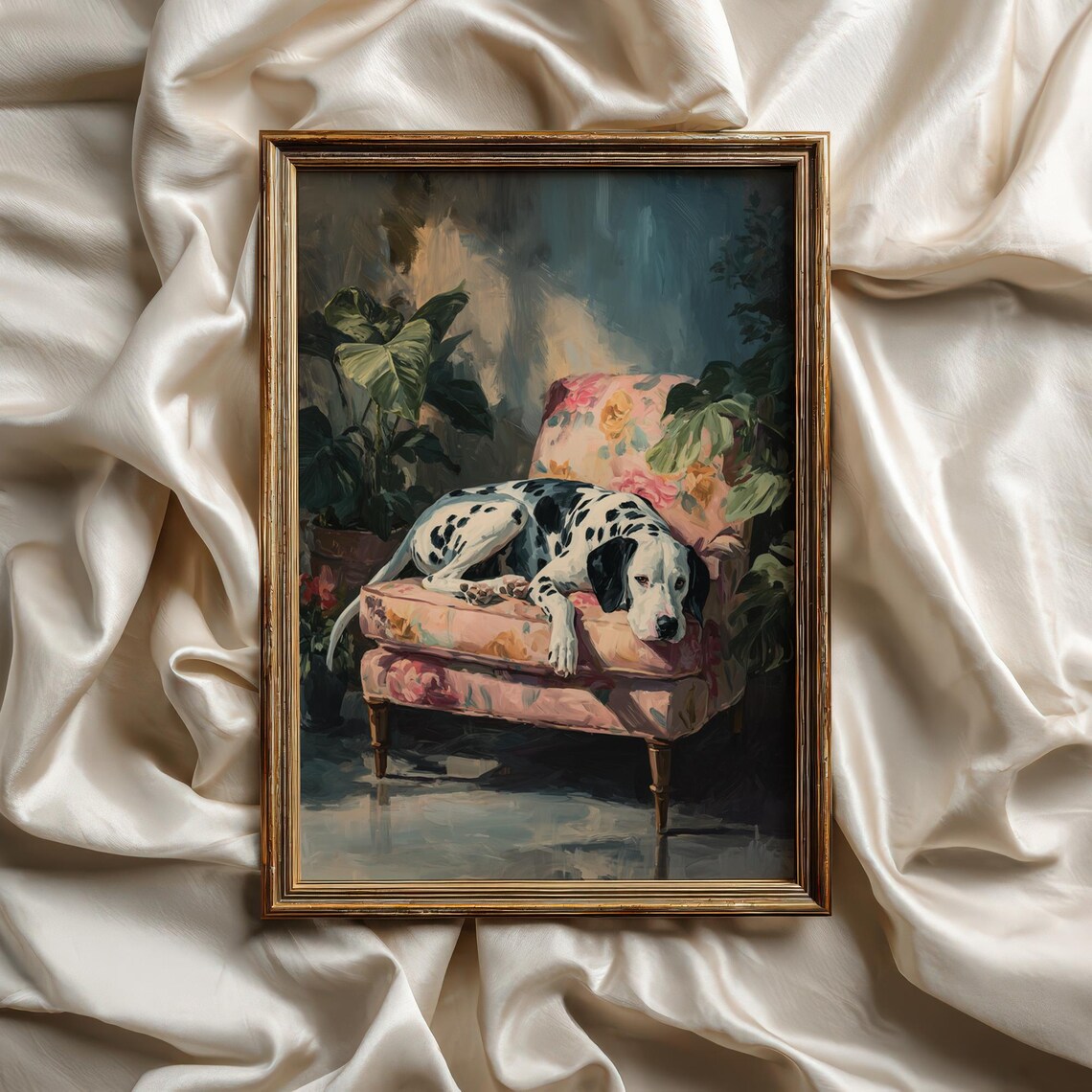Dalmatian Dog Resting on Floral Armchair Vintage Style Poster