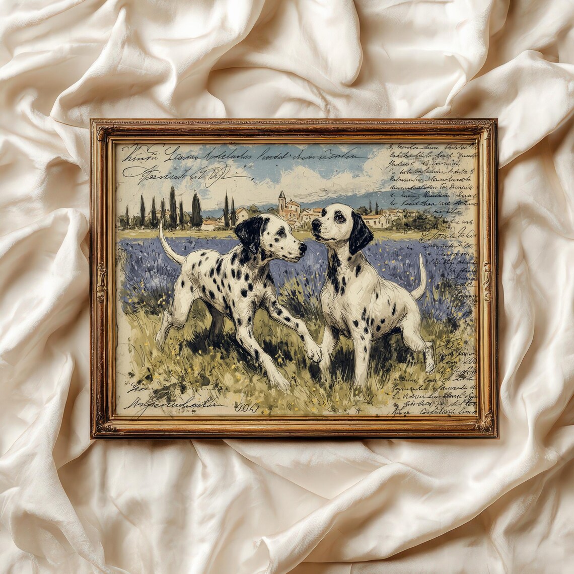 Vintage Dalmatians Playing In French Lavender Field Country Art Print