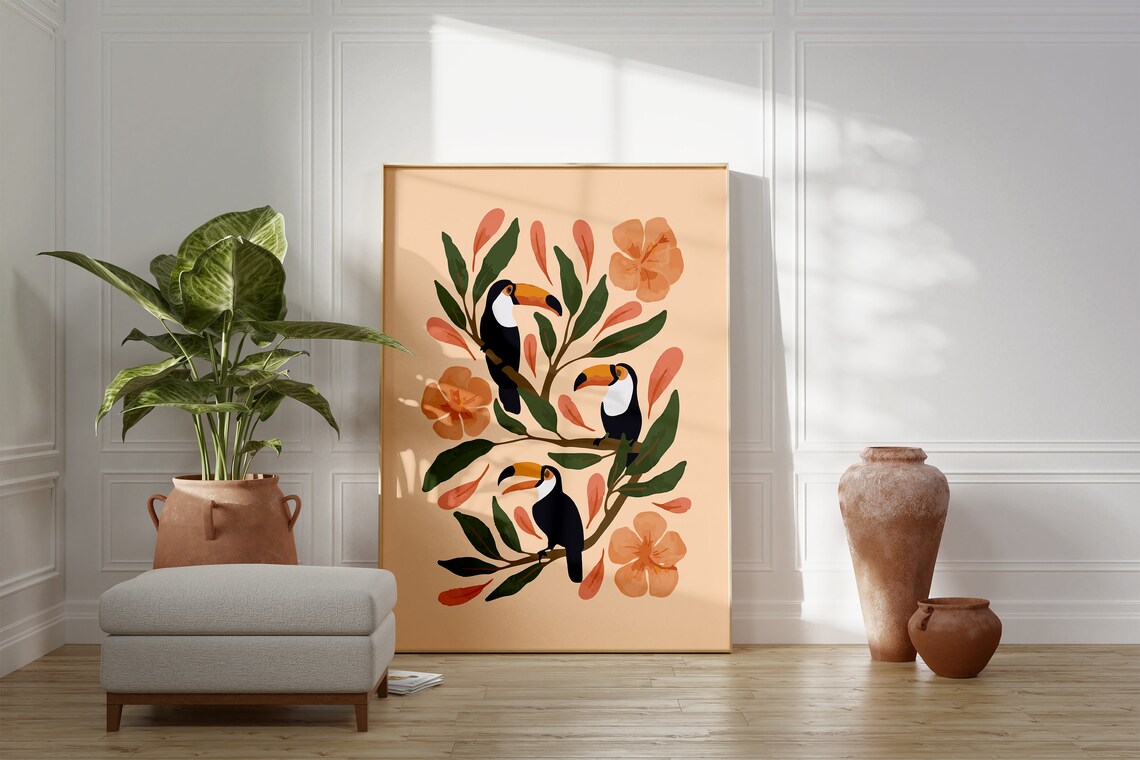 Cheerful Tropical Toucans Branch Birds Floral Botanical Wall Art - Image 3
