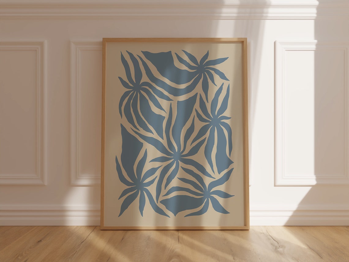 Slate Blue Matisse Style Leaf Cutout All Over Pattern Art Poster