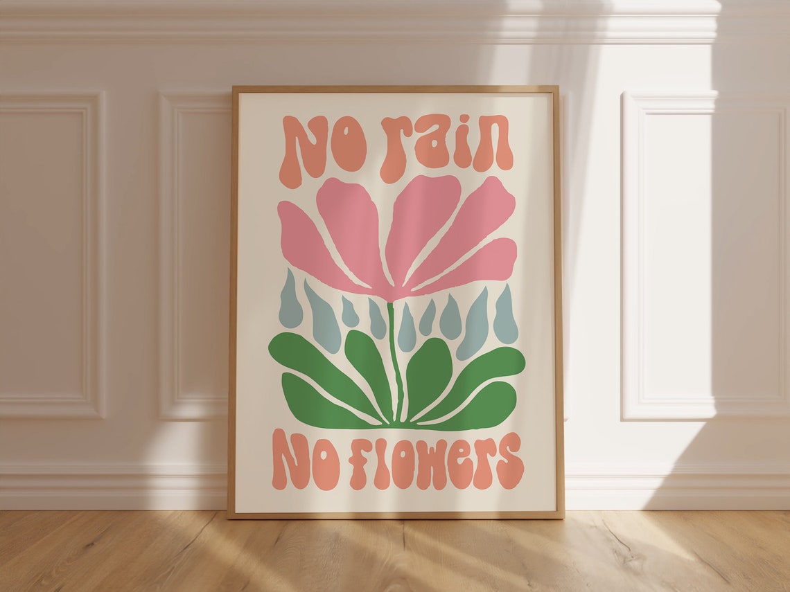 No Rain No Flowers Retro Quote Pink Floral Motivational Poster - Image 6