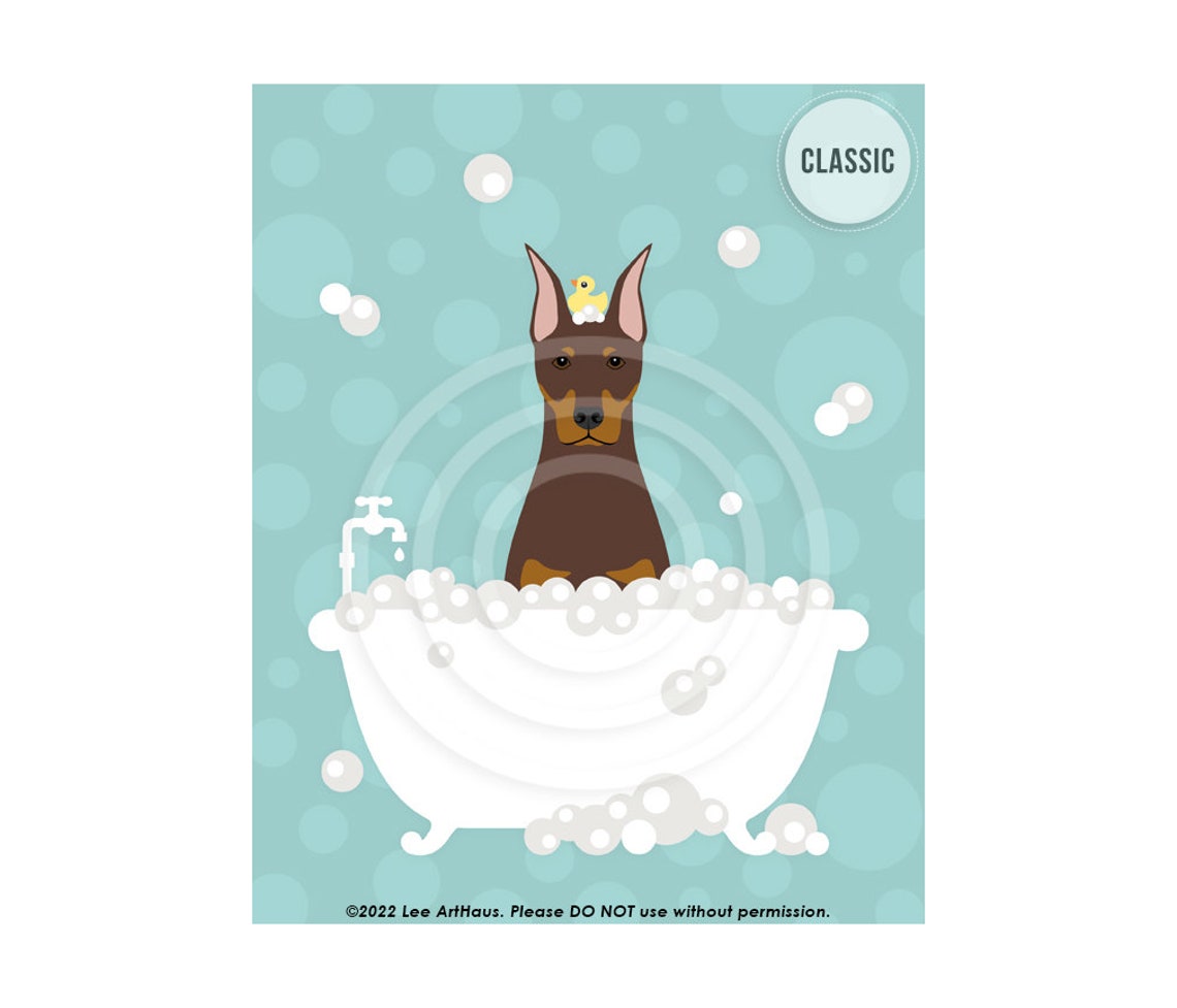 Red Doberman Pinscher Bubble Bath Bathtub Rubber Duck Wall Art Poster