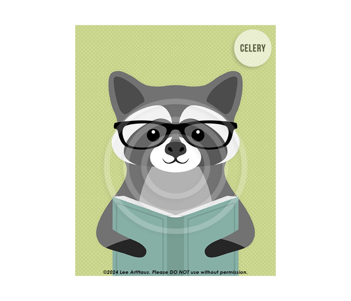 Cute Raccoon Reading Book With Glasses Green Forest Kids Room Decor Poster - Image 7