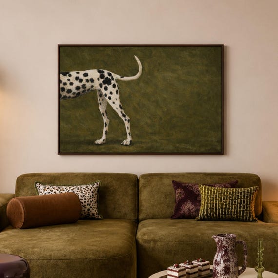 Minimalist Dalmatian Dog Print Horizontal Contemporary Wall Art Hand Drawn Mid Century Modern Animal Poster Textured Khaki Oil Painting
