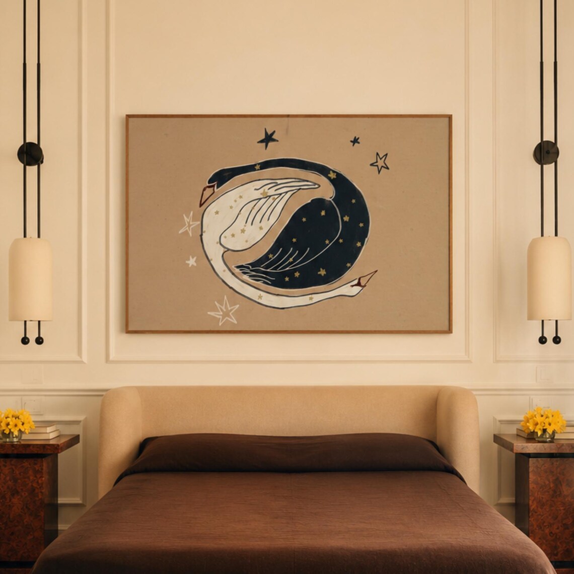 Vintage Swans Oil Painting Print, Mid Century Poster