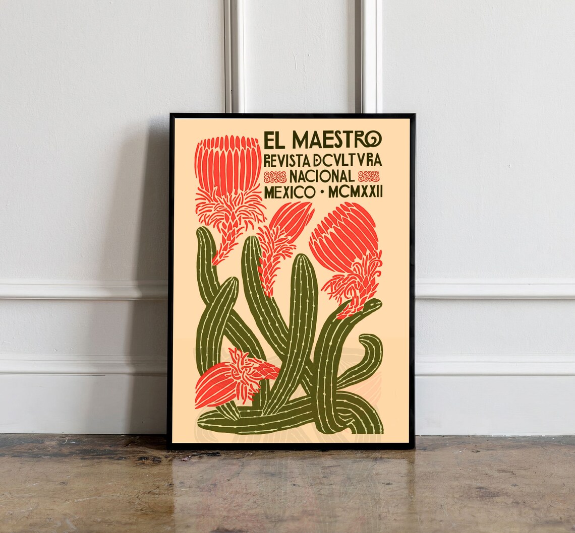 Mexican Cactus Vintage Poster, Boho Decor