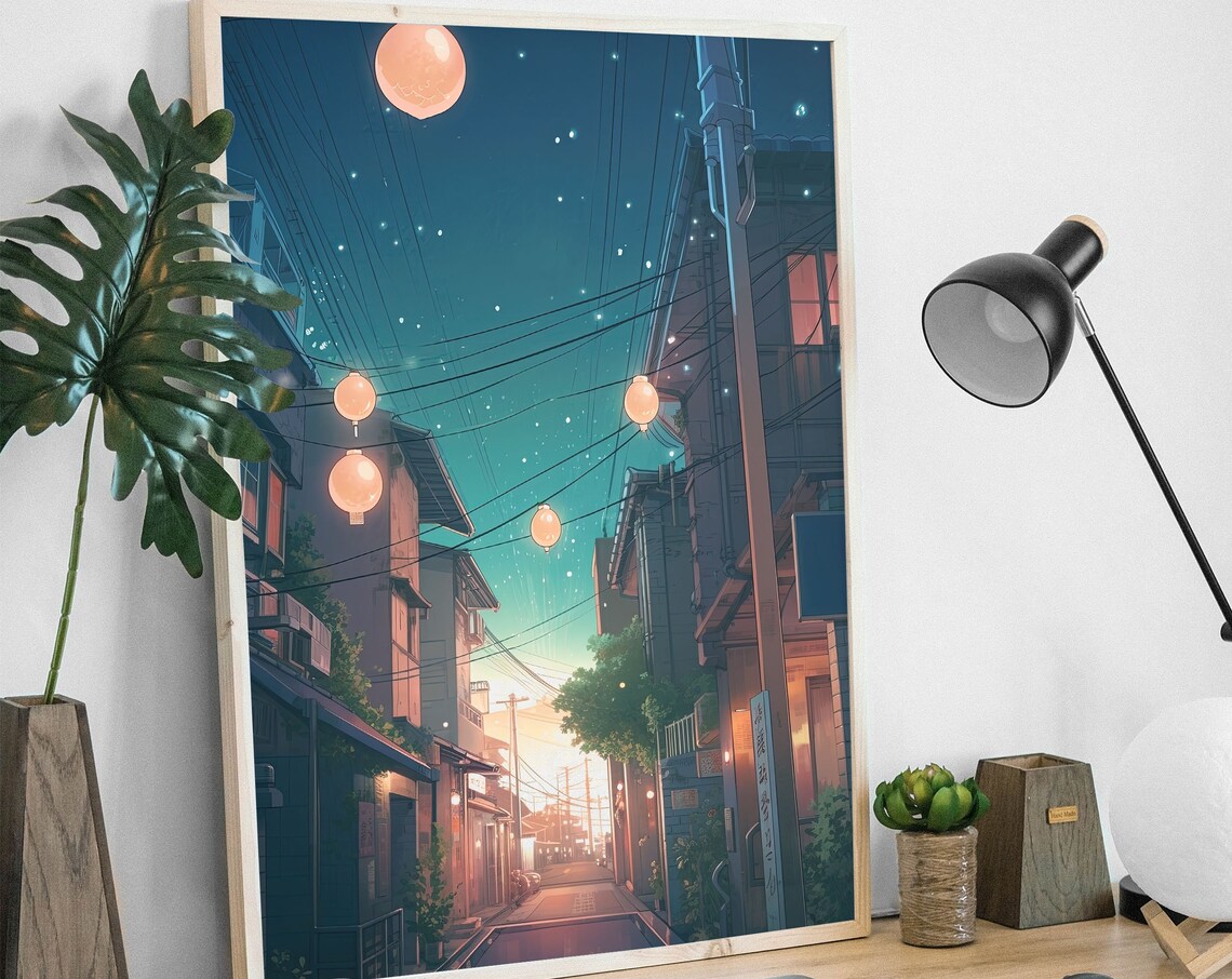 Lofi Anime Japanese Lantern Starry Night Poster - Image 2