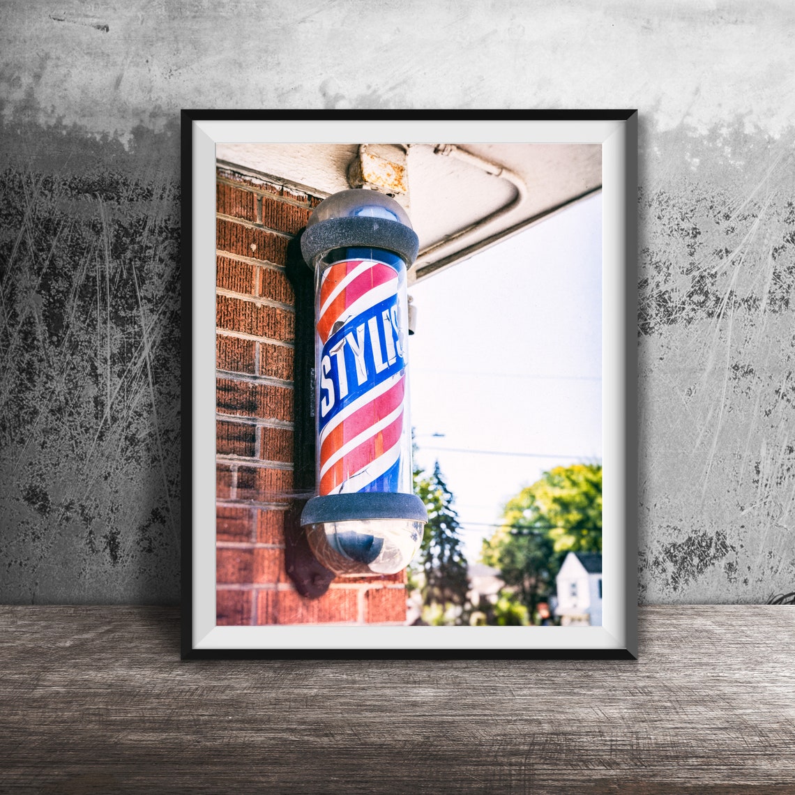 Vintage Barber Pole Stylus Sign On Brick Wall Classic Photo Poster