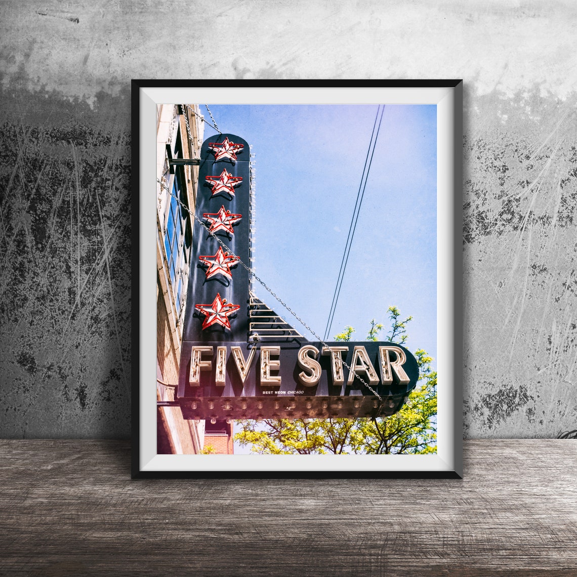 Five Star Bar Chicago Vertical Sign With Five Red Neon Stars Poster