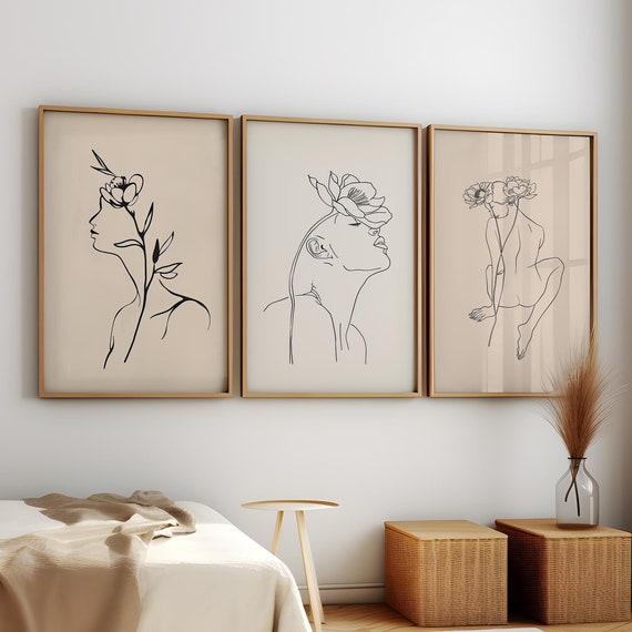 Set Female Beauty Body Minimalist Line Drawing Feminine Neutral Abstract Single Line Woman Wall Decor Minimal Womans Face Art