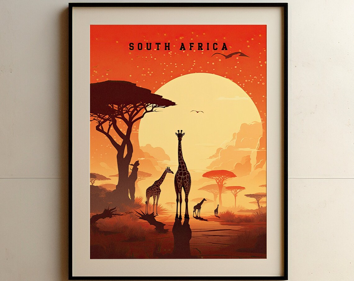 South Africa Safari Giraffes Savanna Sunset Acacia Travel Poster - Image 7