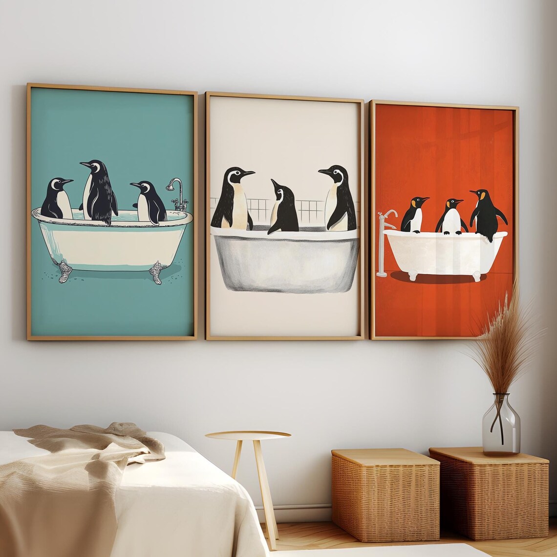 Cute Funny Penguin Bathtub Bathroom Wall Art Trio Set of 3 Humor