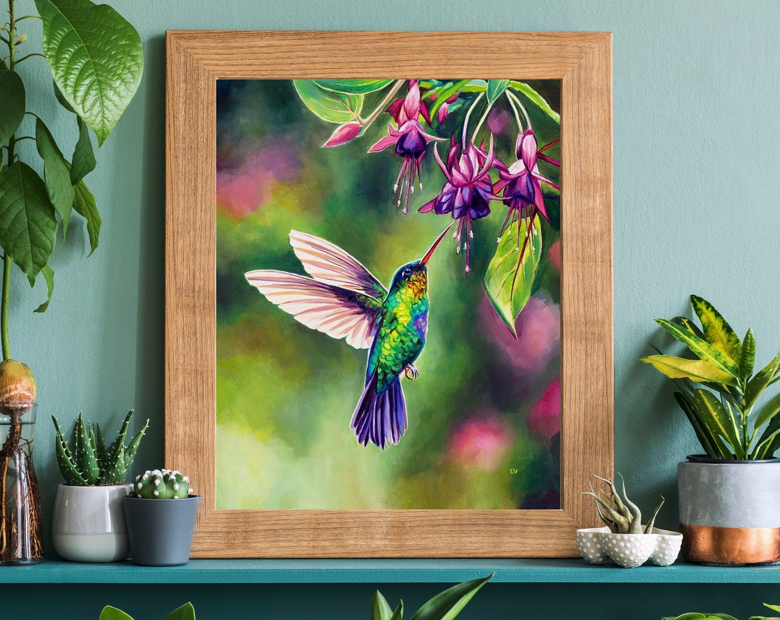 Flying Hummingbird Print Backyard Bird Painting Costa Rica Bird Art Print Colorful Nature Poster Exotic Flower Painting Gardener Gift