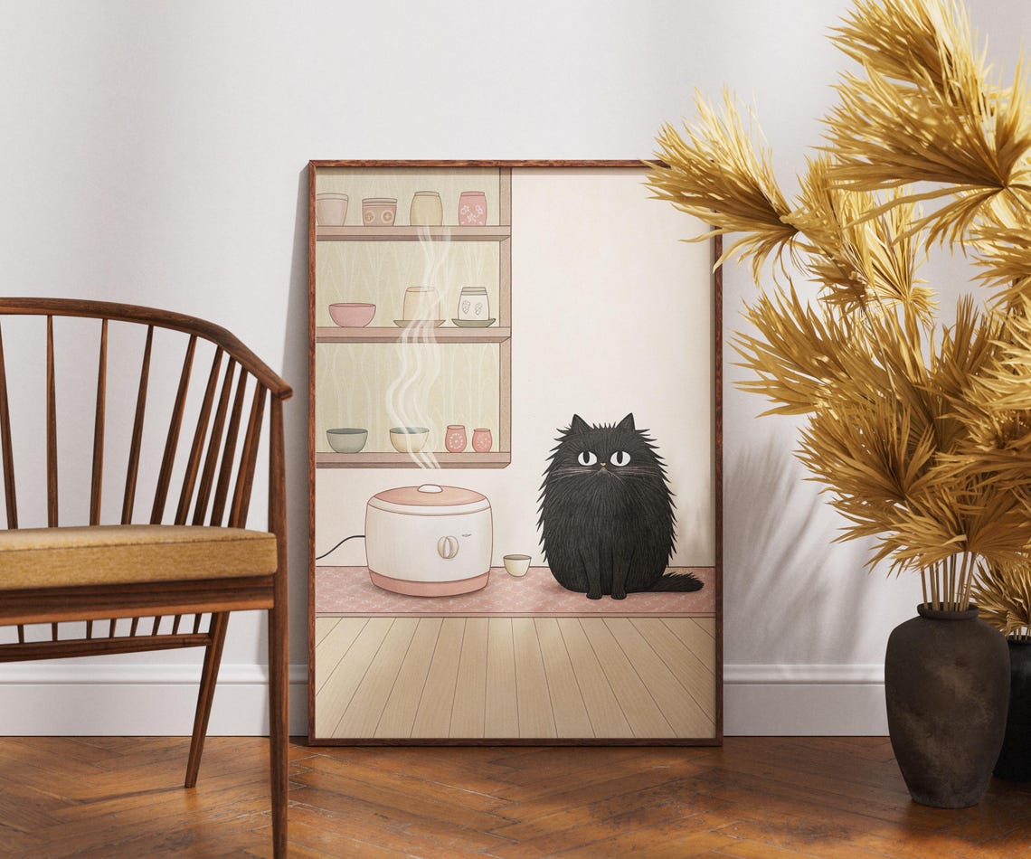 Black Cat Rice Cooker Cute Japanese Kitchen Steamy Meal Art Poster