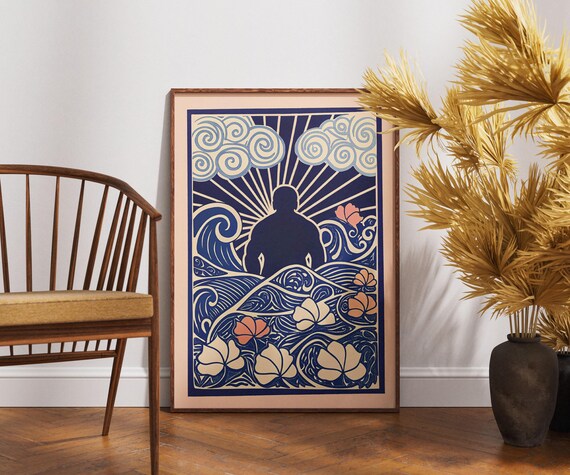 Vintage Sumo Wrestler Linocut Ocean Waves Lotus Japanese Poster