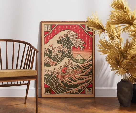 Great Wave Red Vintage Japanese Ukiyoe Style Matchbox Art Poster