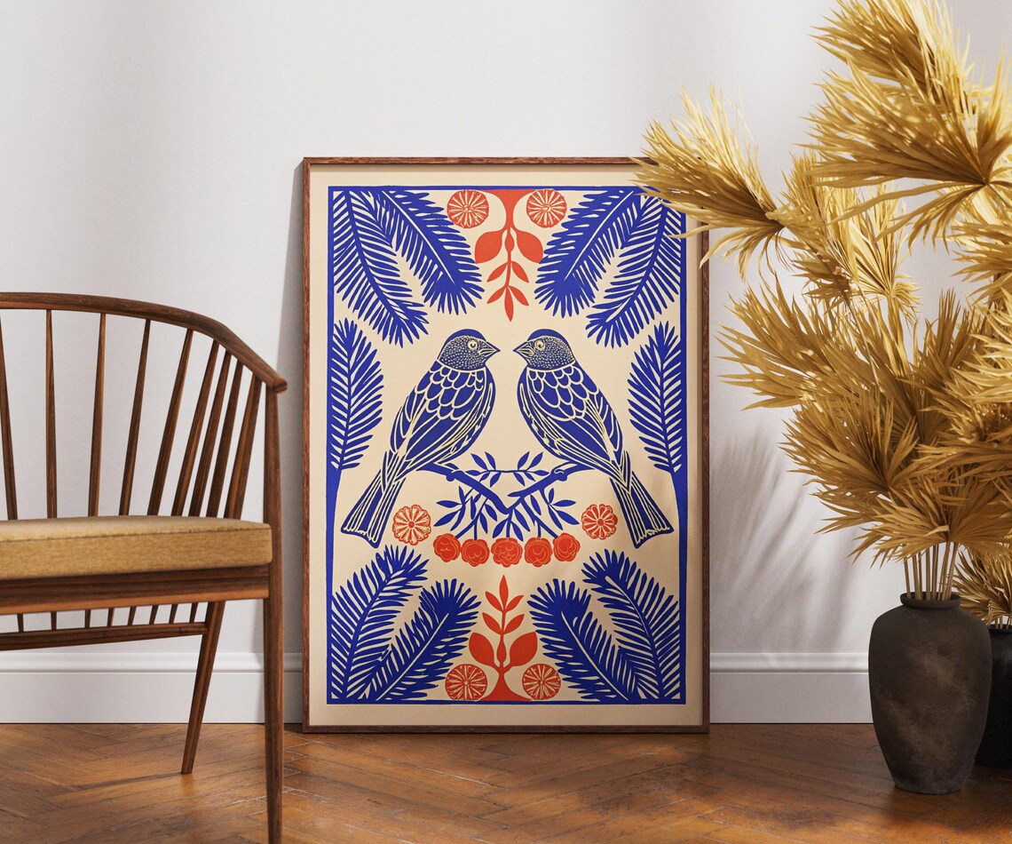 Blue Songbirds Pair Retro Folk Linocut Floral Bird Nature Poster