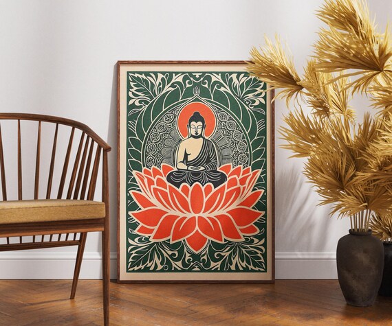 Vintage Buddha Lotus Bodhi Canopy Linocut Zen Spiritual Green Art Poster