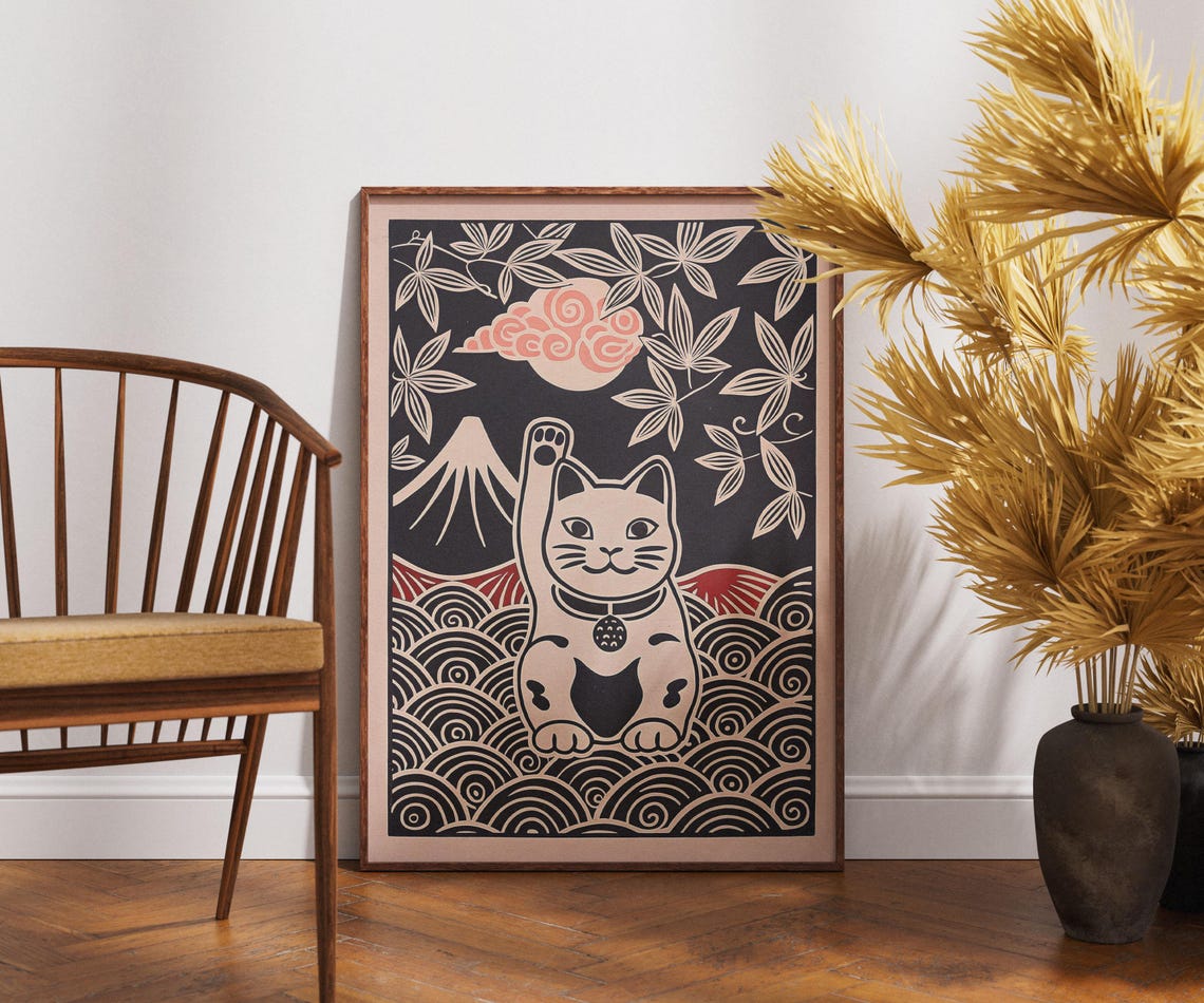 Maneki Neko Poster Vintage Japanese Maple Moon Fuji Linocut Art