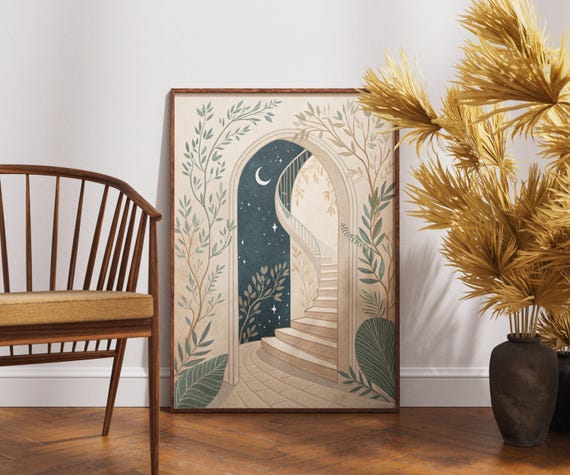 Whimsical Staircase Wall Art Celestial Archway Print Moonlight Dream Poster Surreal Botanical Decor Magical Night Artwork