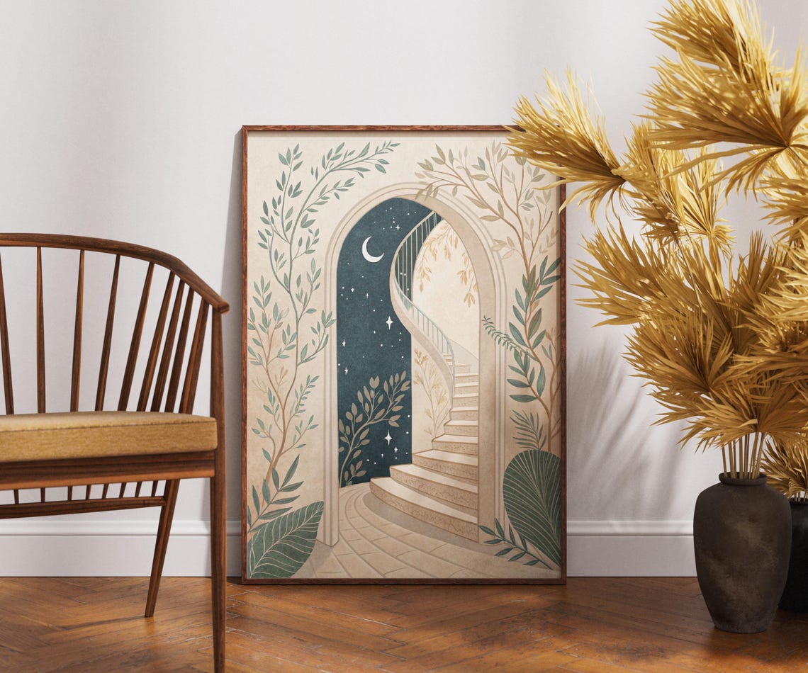 Whimsical Celestial Archway Staircase Moonlight Dreamy Night Poster