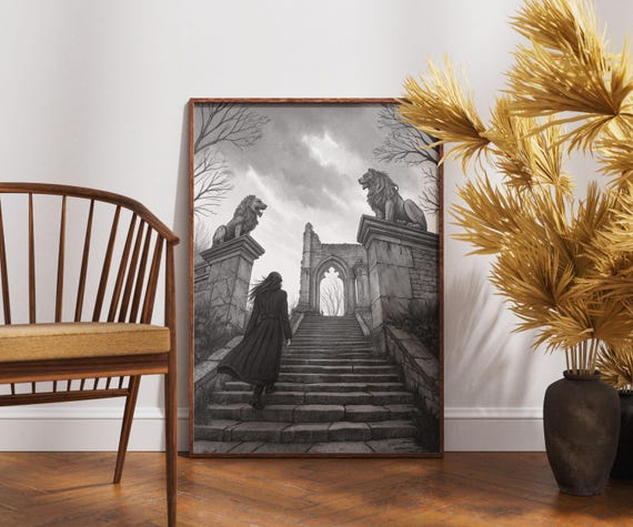 Gothic Ruins Wall Art Fantasy Staircase Illustration Mysterious Woman Print Dark Romantic Castle Poster Lion Statue Decor
