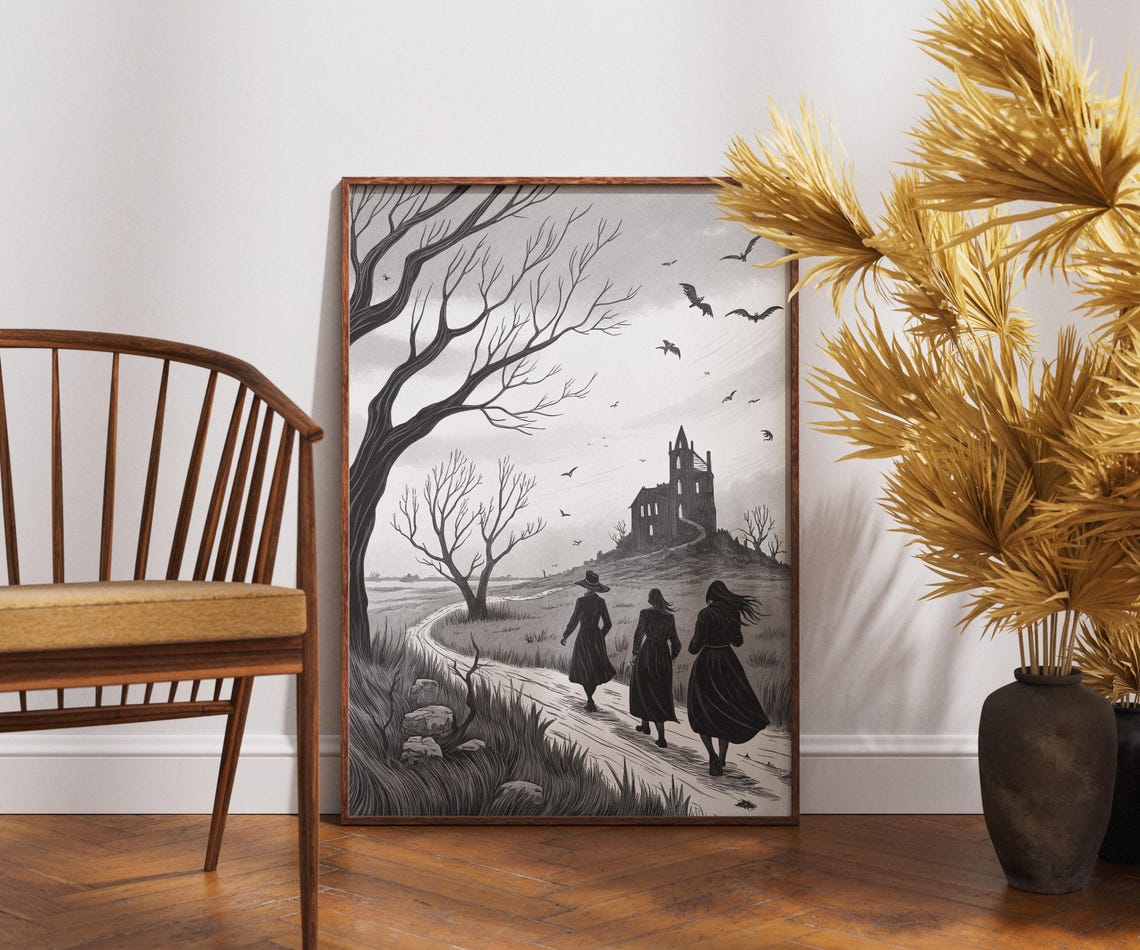 Haunted House Art Print Gothic Witch Illustration Black And White Spooky Decor Eerie Landscape Wall Dark Fantasy