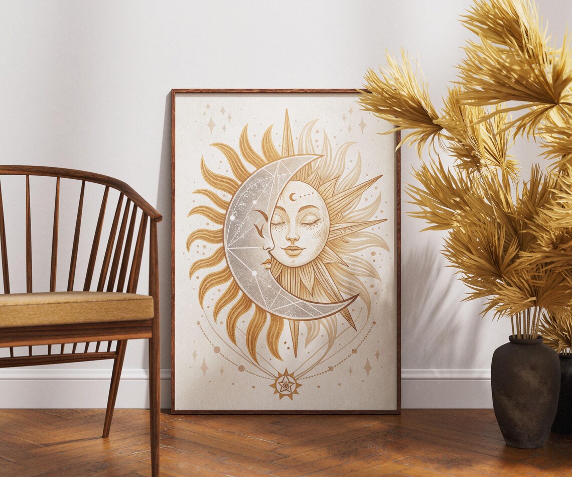 Golden Sun and Moon Face Celestial Spiritual Boho Astrology Poster